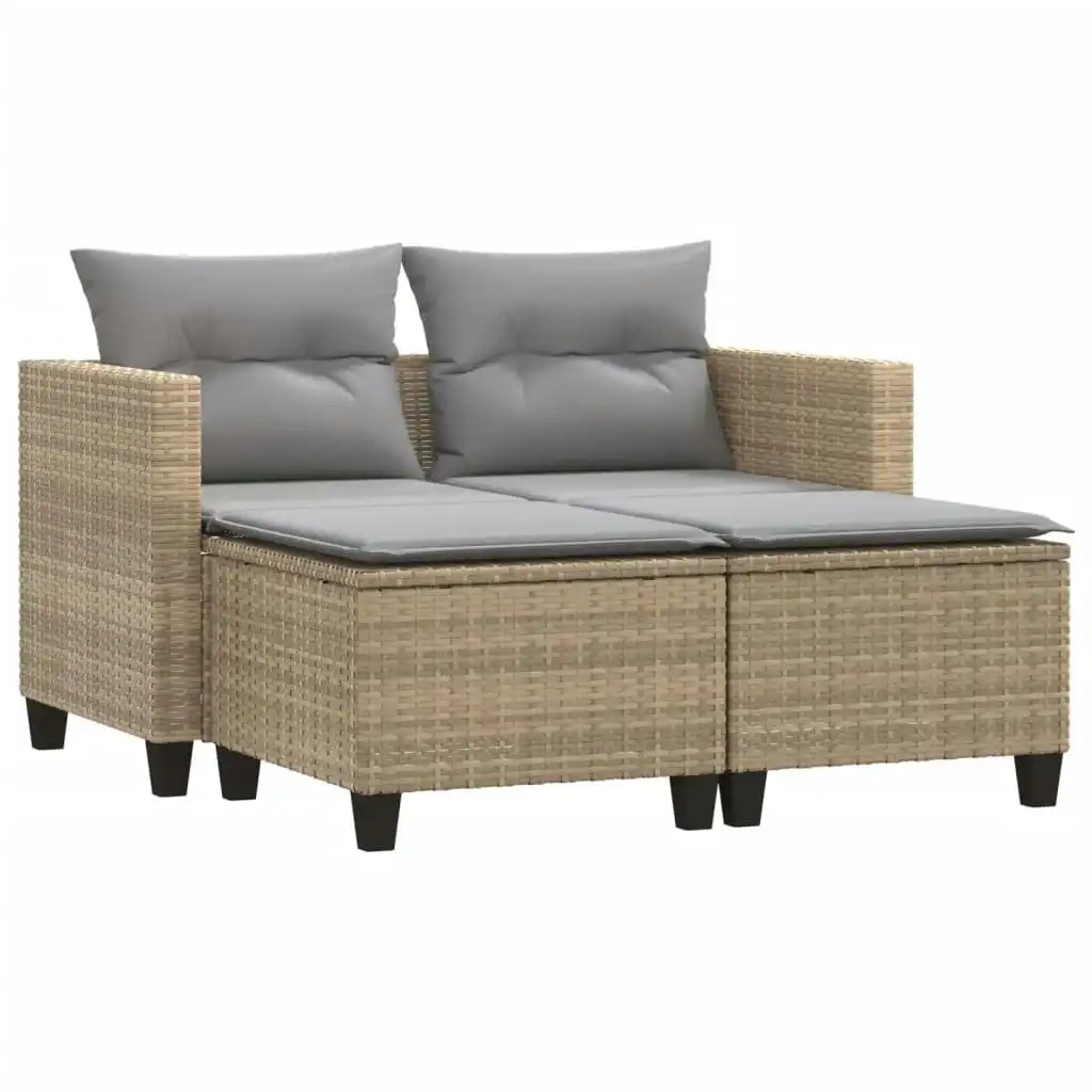 Garden Sofa 2-Seater with Stools Beige Poly Rattan 365795