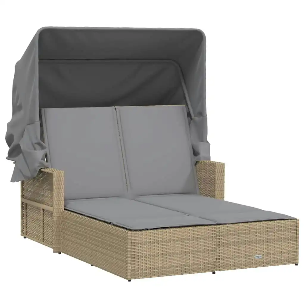 Double Sun Lounger with Canopy and Cushions Mix Beige Poly Rattan 365811
