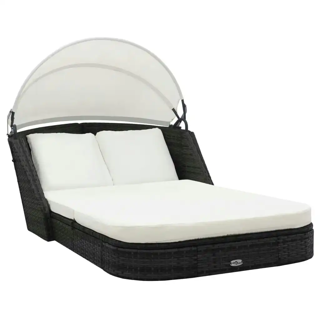 Sun Lounger with Canopy Poly Rattan Black 41983