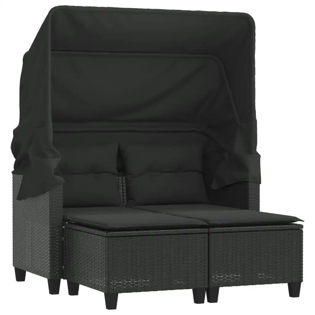 Garden Sofa 2-Seater with Canopy and Stools Black Poly Rattan 365781