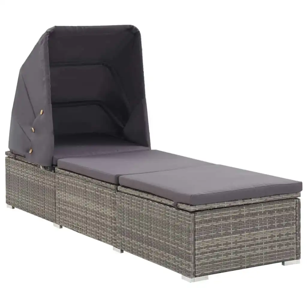 Sun Lounger with Canopy and Cushion Poly Rattan Grey 46248