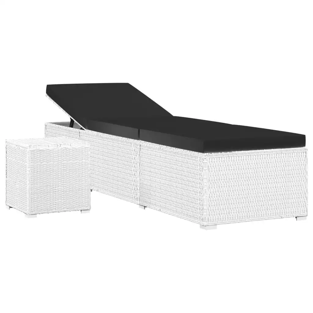 Sun Lounger with Cushion and Tea Table Poly Rattan White 46229