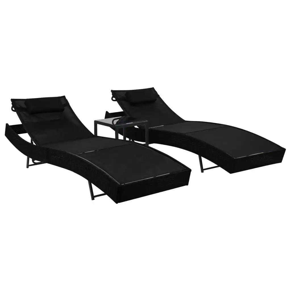 Sun Loungers 2 pcs with Table Poly Rattan and Textilene Black 44893