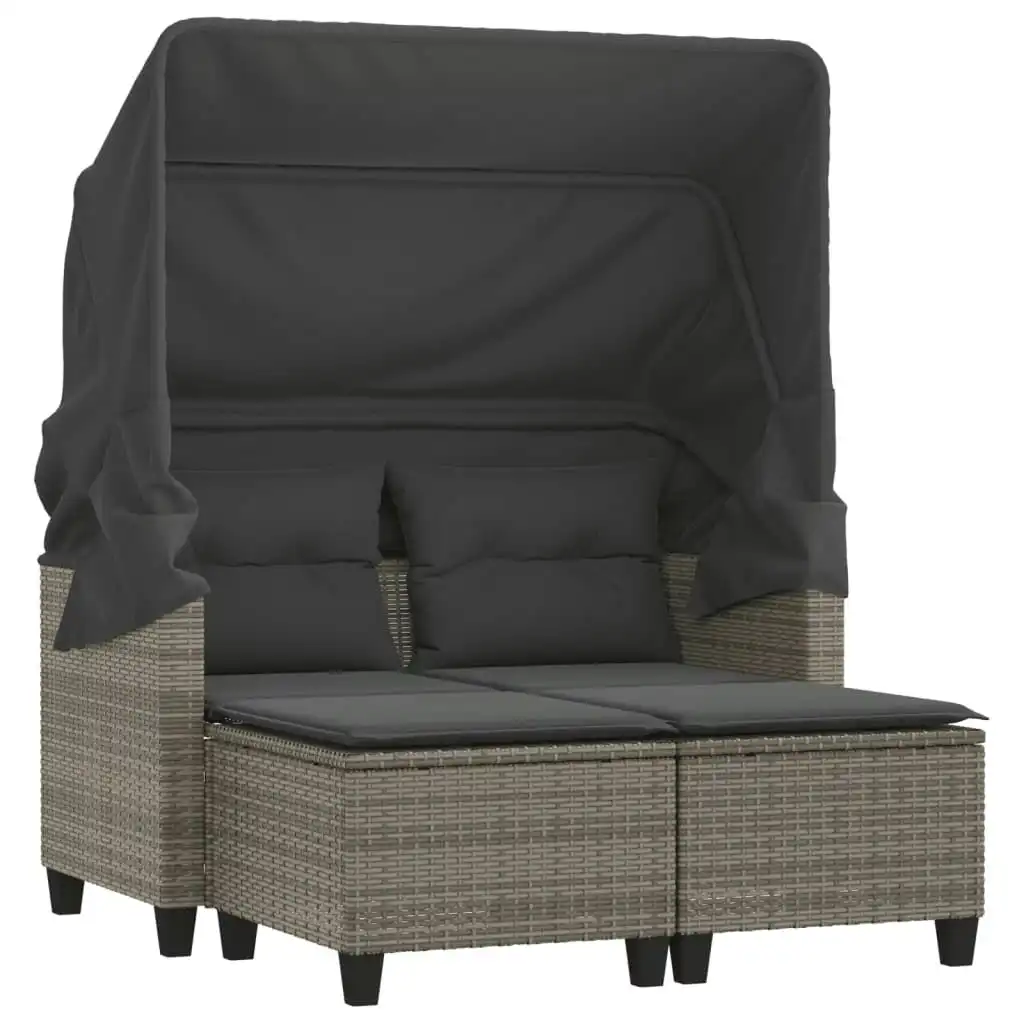Garden Sofa 2-Seater with Canopy and Stools Grey Poly Rattan 365783