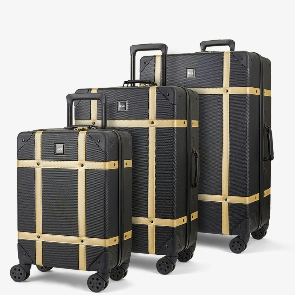 Rock Vintage 3 Piece Hardsided Luggage Set - Black/Gold