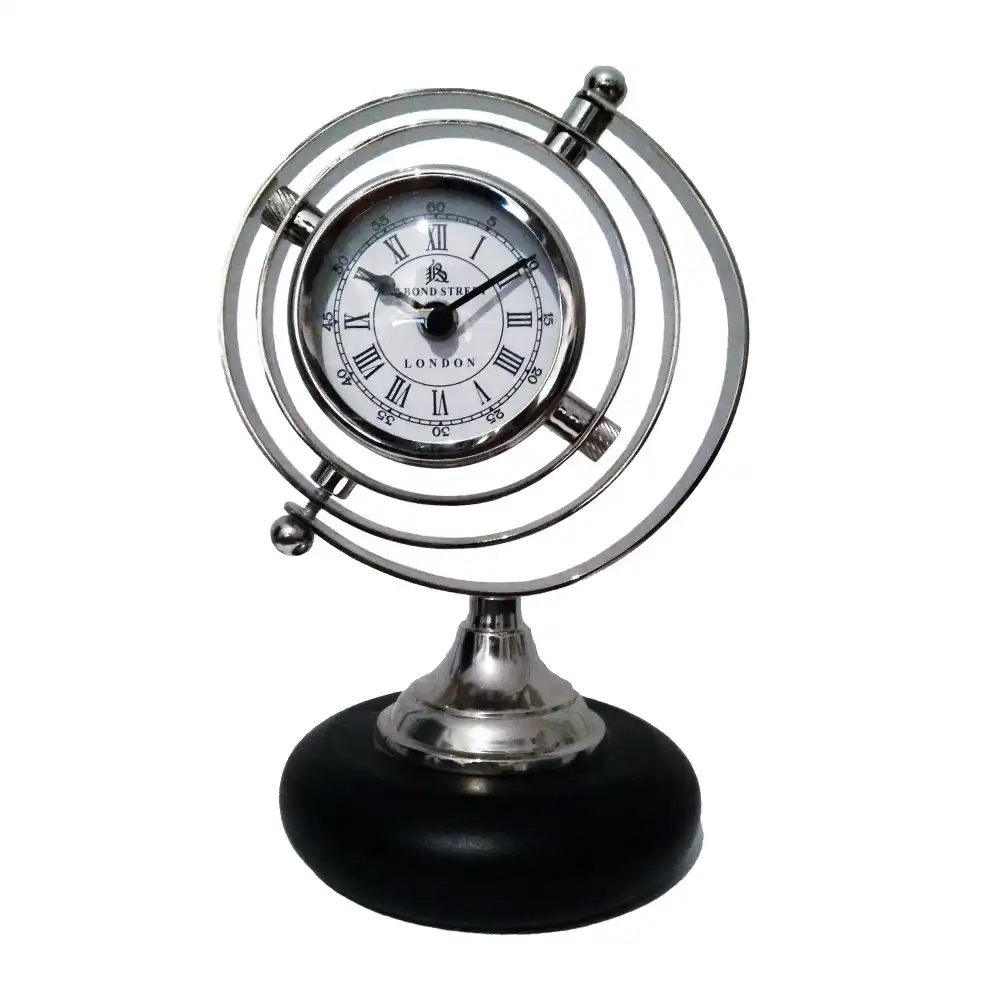 SSH Collection Halafax Bond Street Globe Small Round Desk Clock - Nickel with White Face
