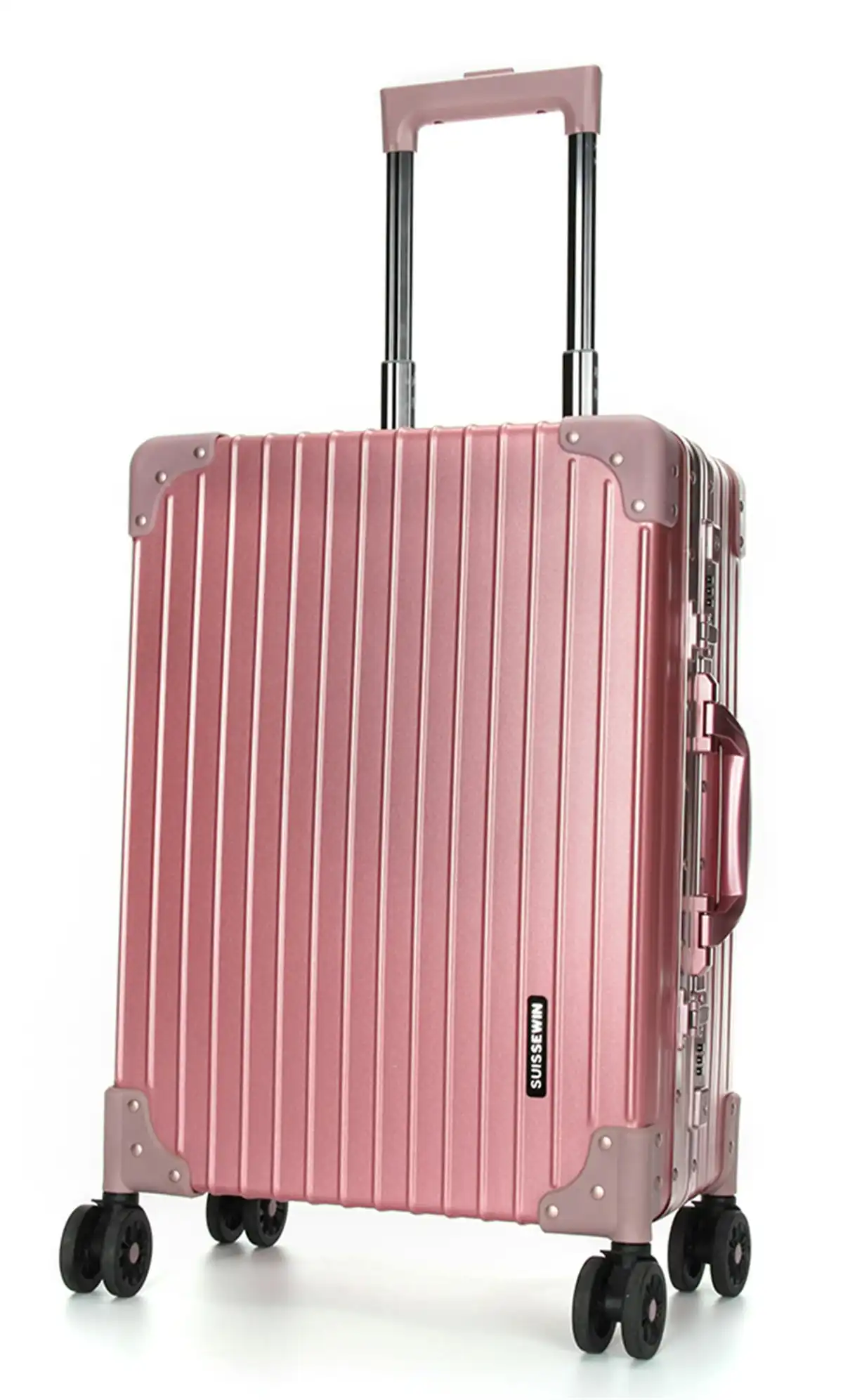 Suissewin Swiss Aluminium Luggage Suitcase Lightweight TSA Locker 8 Wheels Check in Large Hardcase SN7711B Rose Gold