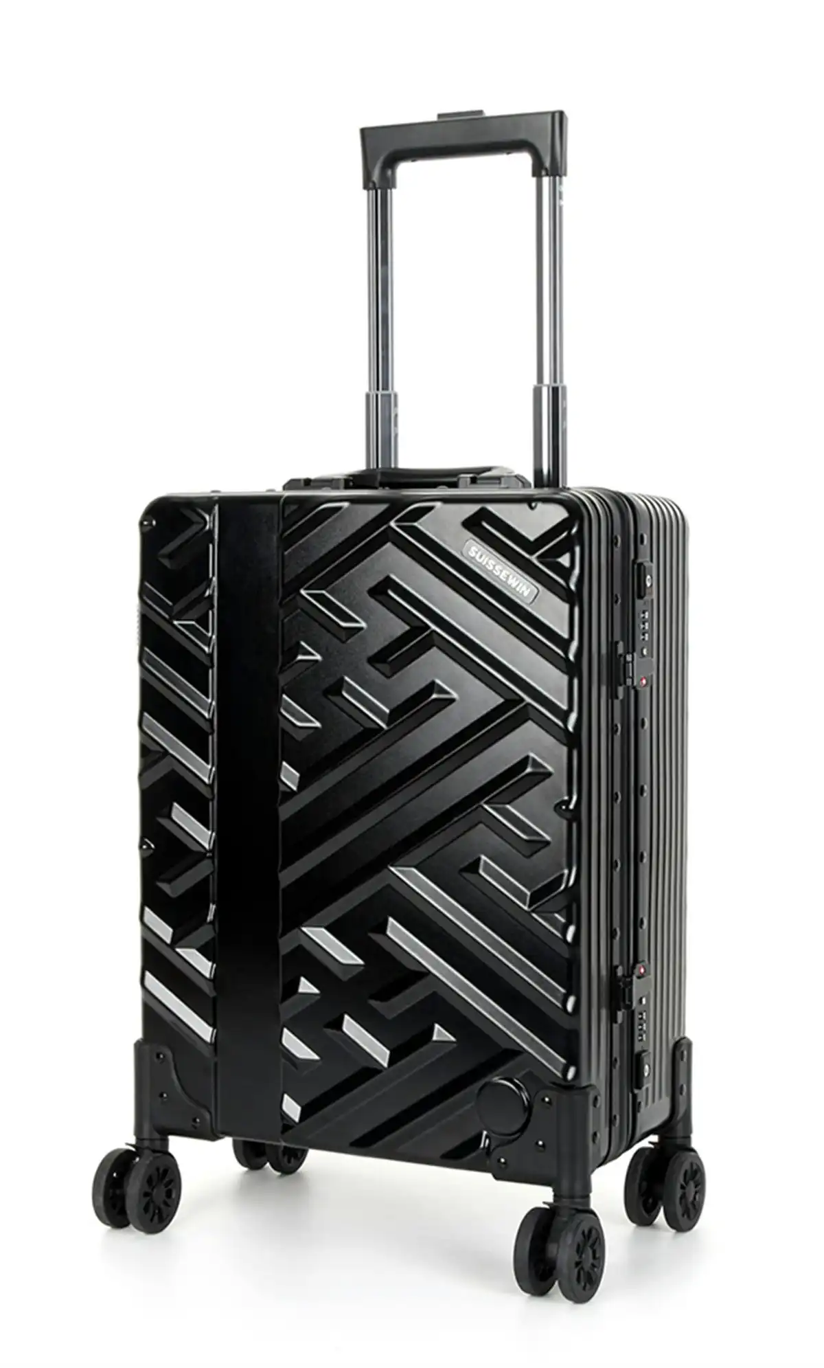 Suissewin Swiss Aluminium Luggage Suitcase Lightweight With TSA Locker 8 Wheels Carry on Hardcase SN7623A Black