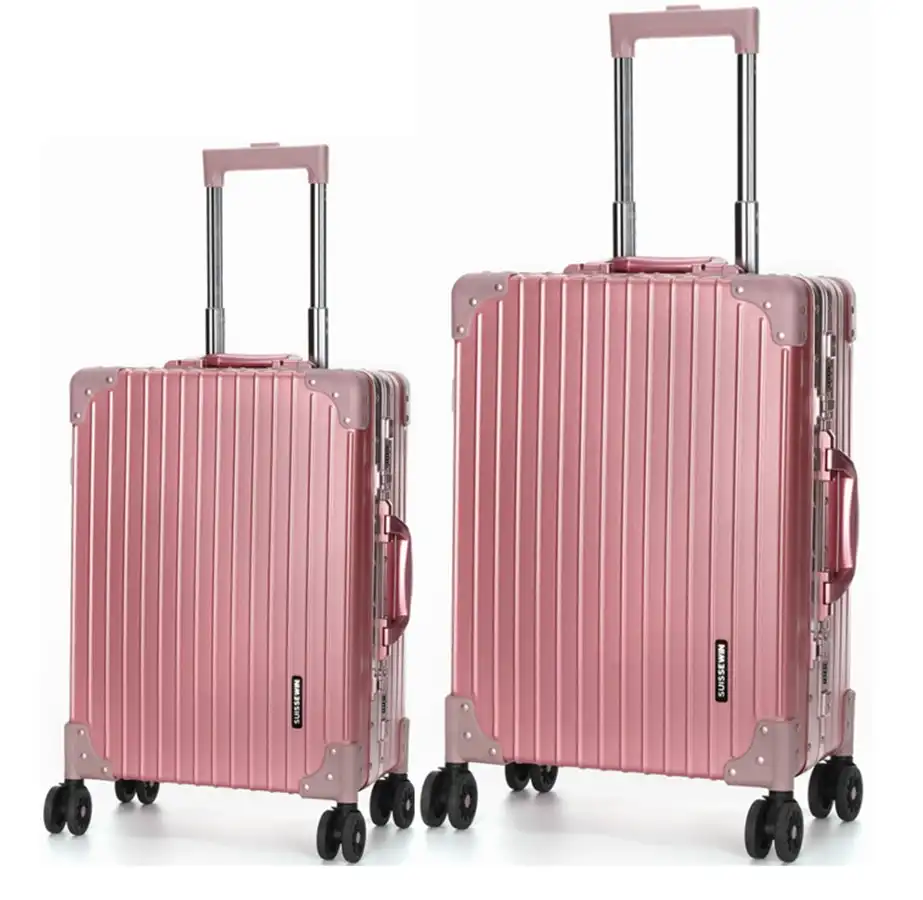 Suissewin Swiss Aluminium Luggage Suitcase Lightweight With TSA Locker 8 Wheels Hardcase 2 PCS Set SN7711 Rose Gold