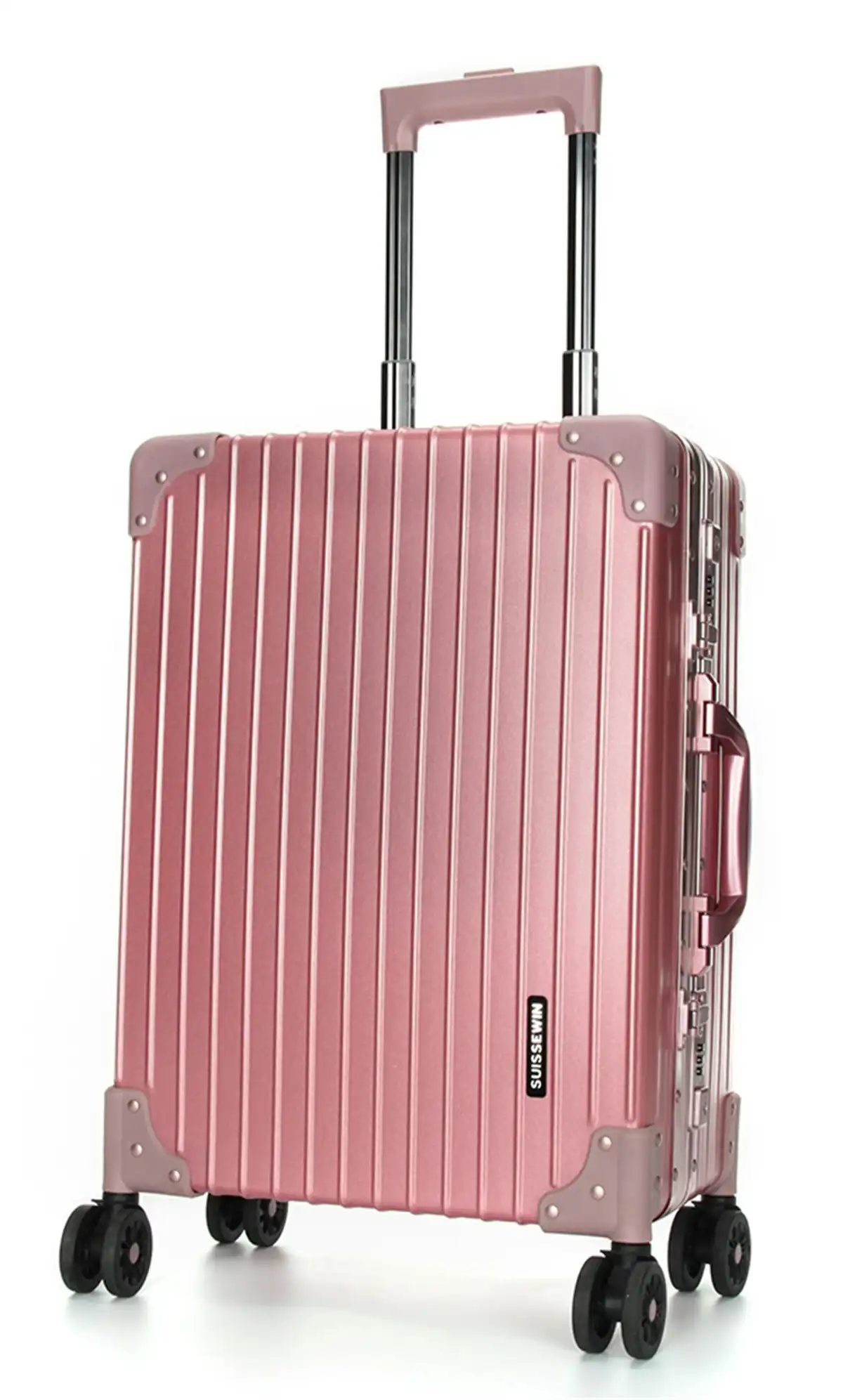 Suissewin Aluminium Luggage Suitcase Lightweight TSA Lock 8 Wheels 360 Degree Rolling Carry On Hardcase SN7711A Rosegold
