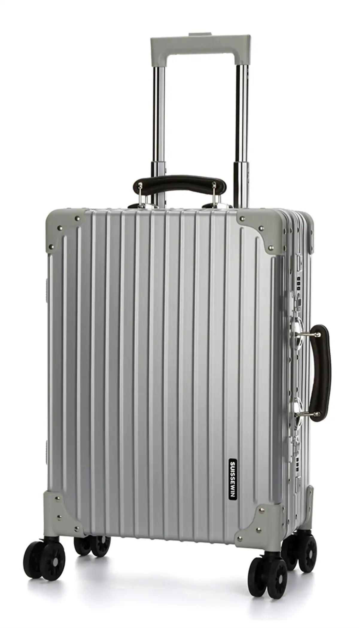 Suissewin Swiss Aluminium Luggage Suitcase Lightweight TSA locker 8 wheels Carry On HardCase SN7611A Silver