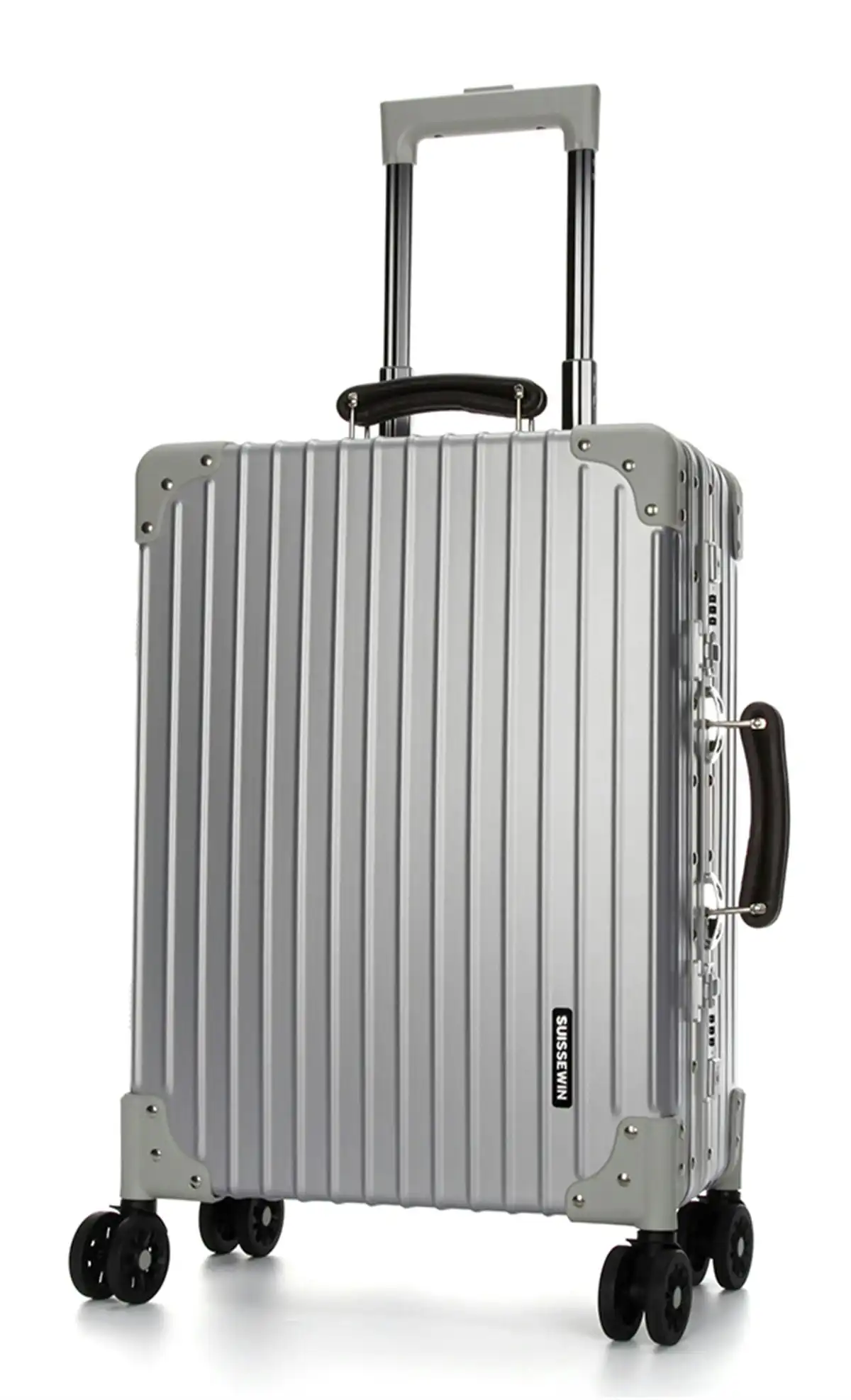 Suissewin Swiss Aluminium Luggage Suitcase Lightweight TSA locker 8 wheels Check In HardCase SN7611B Silver