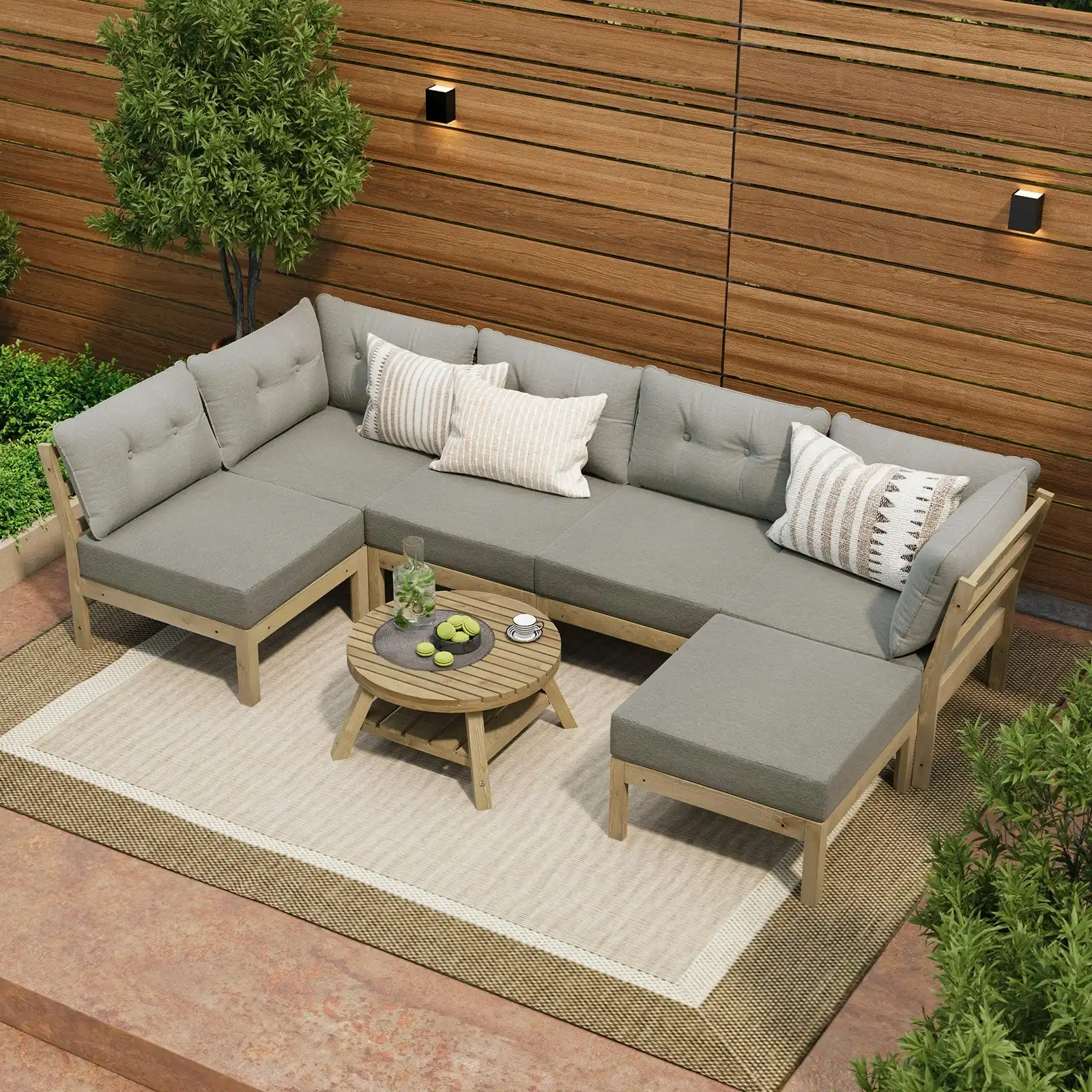 Livsip 7 Piece Outdoor Sofa Set 6-Seater Lounge Setting Garden Table Chairs Grey