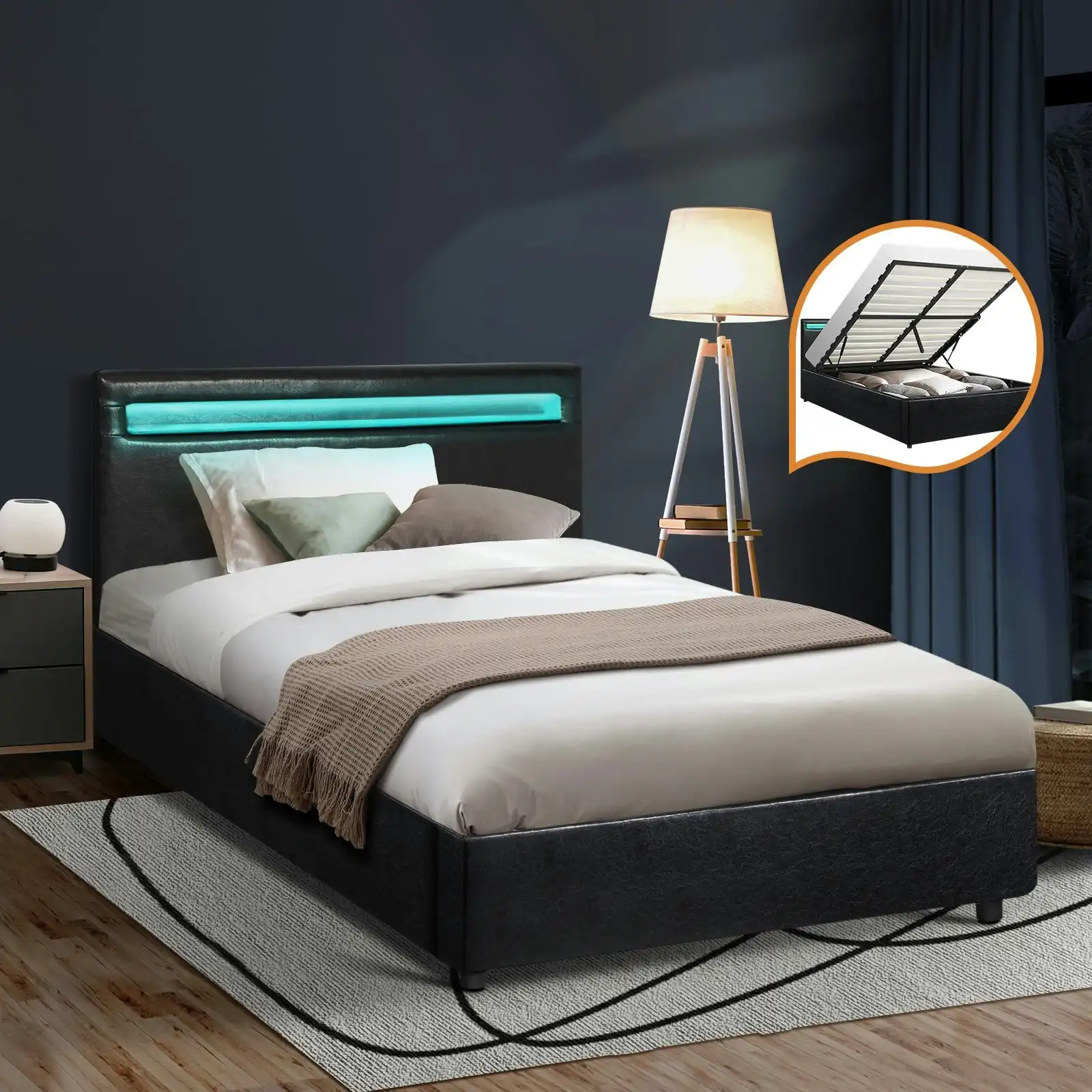 Oikiture Bed Frame RGB LED King Single Gas Lift Storage Base Black