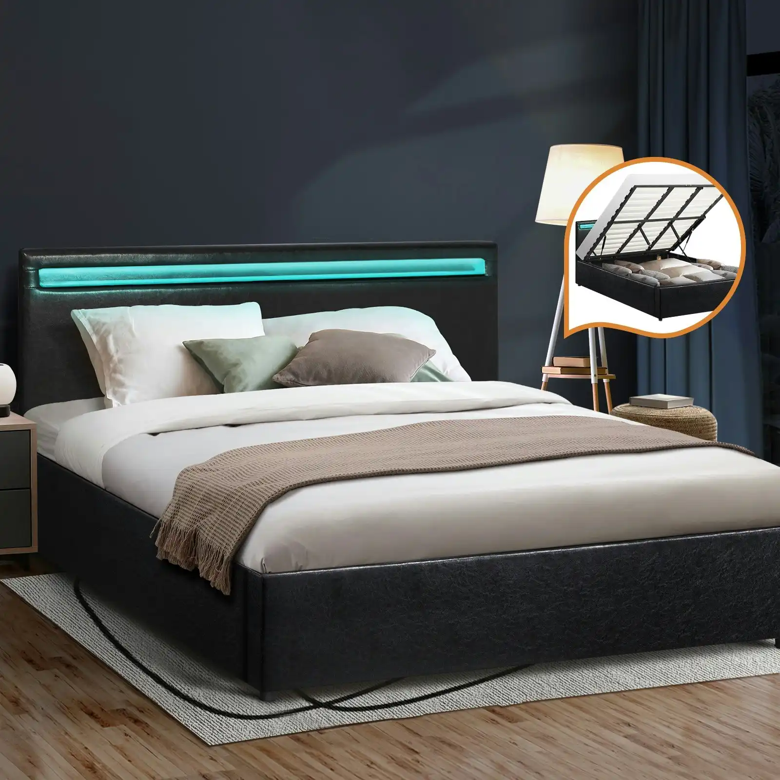 Oikiture Bed Frame RGB LED King Size Gas Lift Storage Base Black