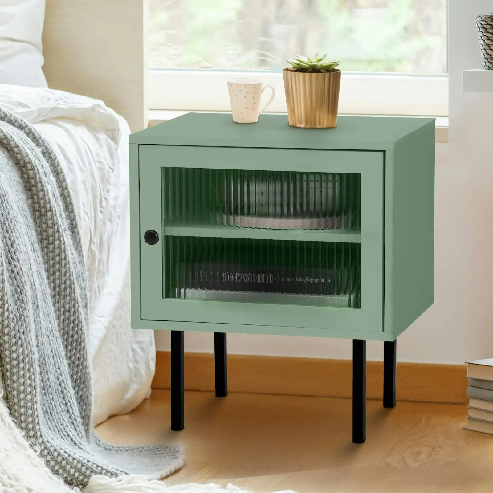 Oikiture Bedside Tables Nightstand Storage Cabinet Side End Table Wood Green