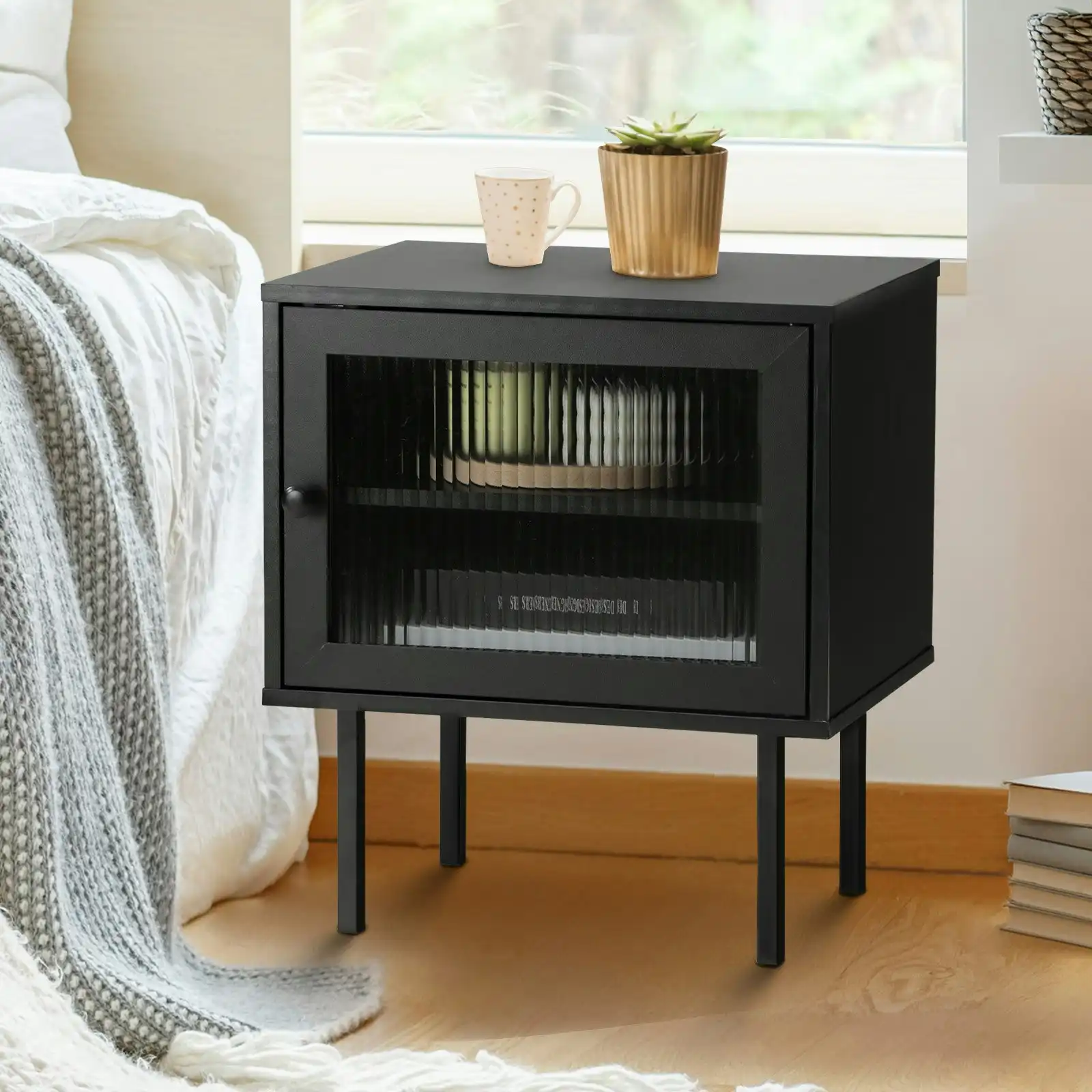 Oikiture Bedside Tables Nightstand Storage Cabinet Side End Table Wood Black