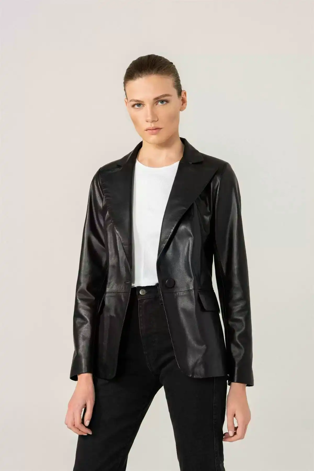 Womens Black Leather Blazer
