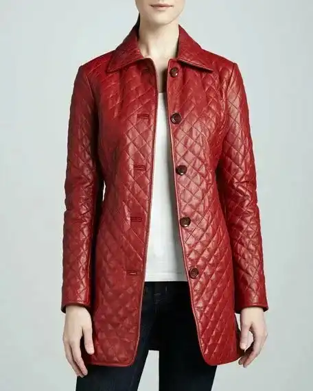 Womes Slim Fit QUilted Red Leather Trench Coat