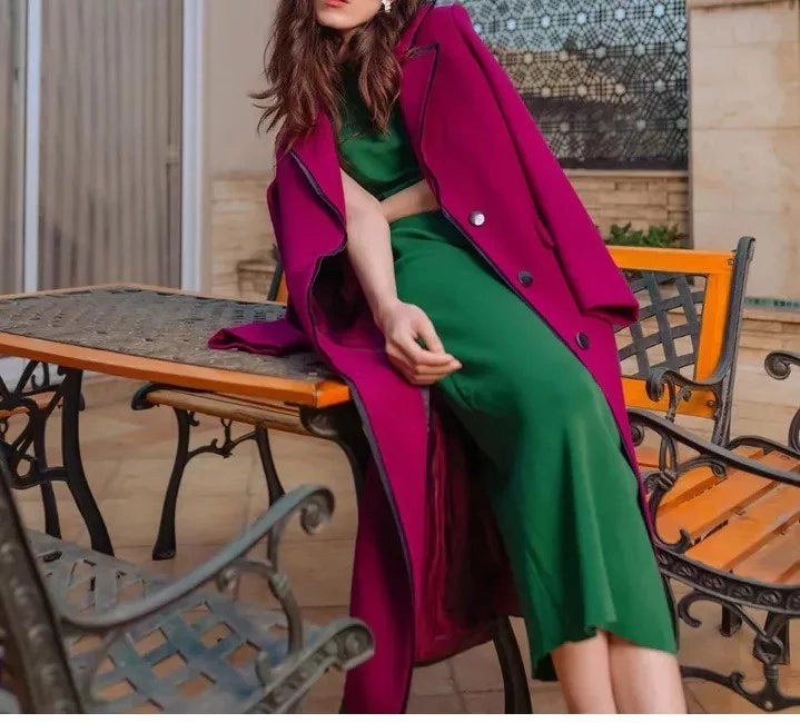 Women Magenta Wool Long Coat