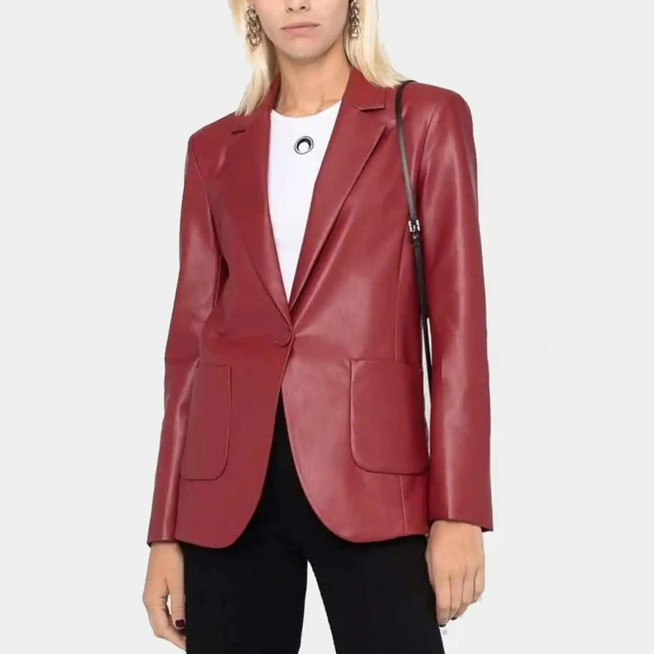 Women's Red Slim Fit Leather Blazer