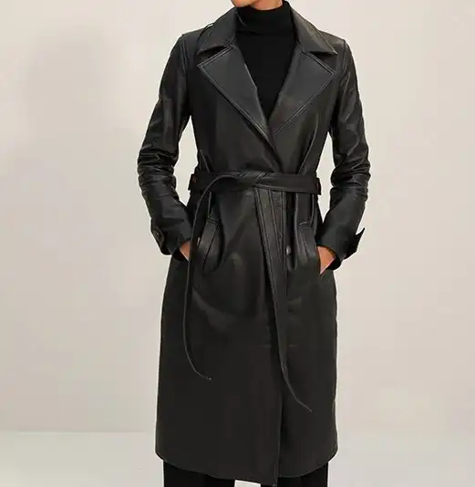 Women&#8217;s Black Long Leather Coat