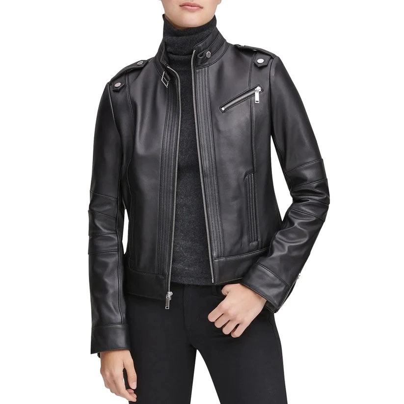 Women Stand Collar Jacket Black Leather