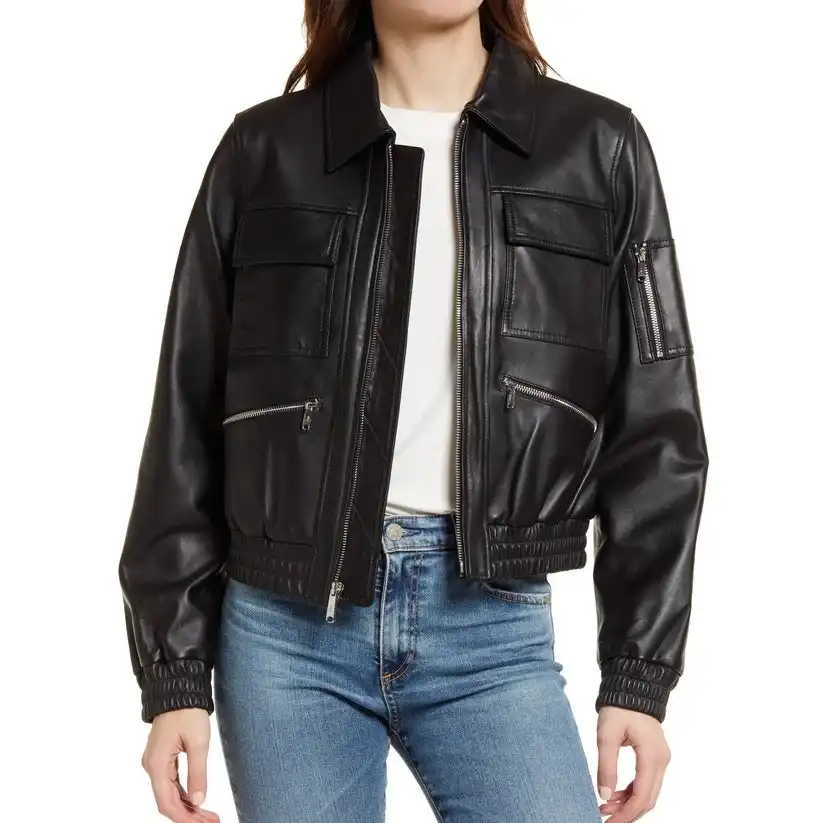 Spread Collar Women's Black Leather Bomber Jacket