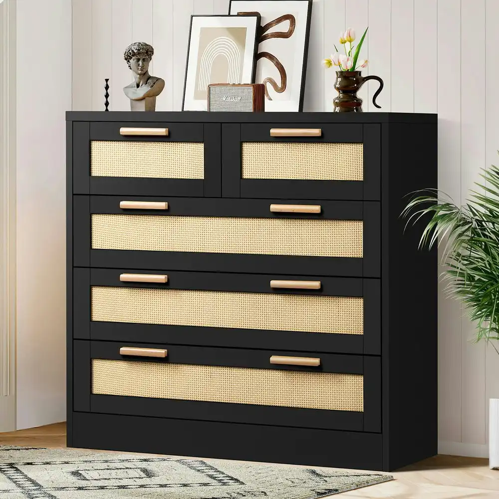 Alfordson 5 Chest of Drawers Rattan Black