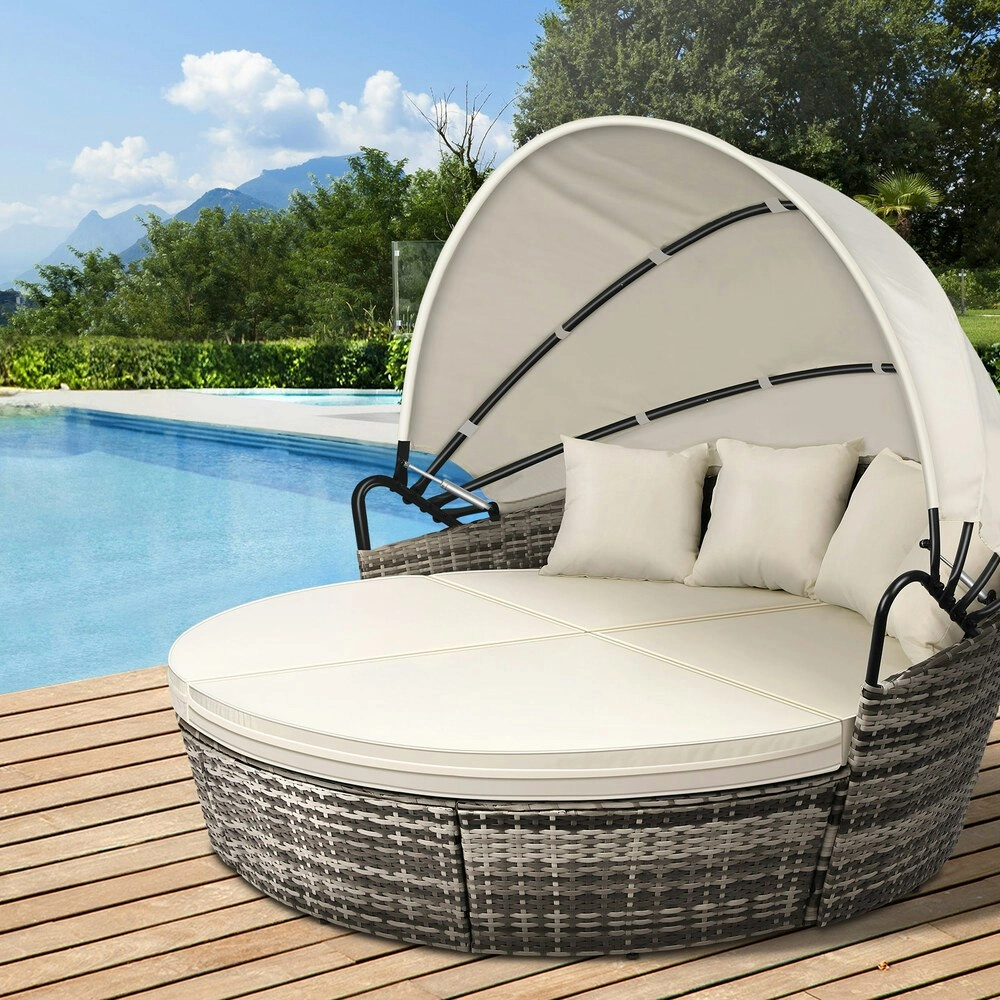 Alfordson Outdoor Sun Lounge Round Day Bed Wicker Furniture Beige