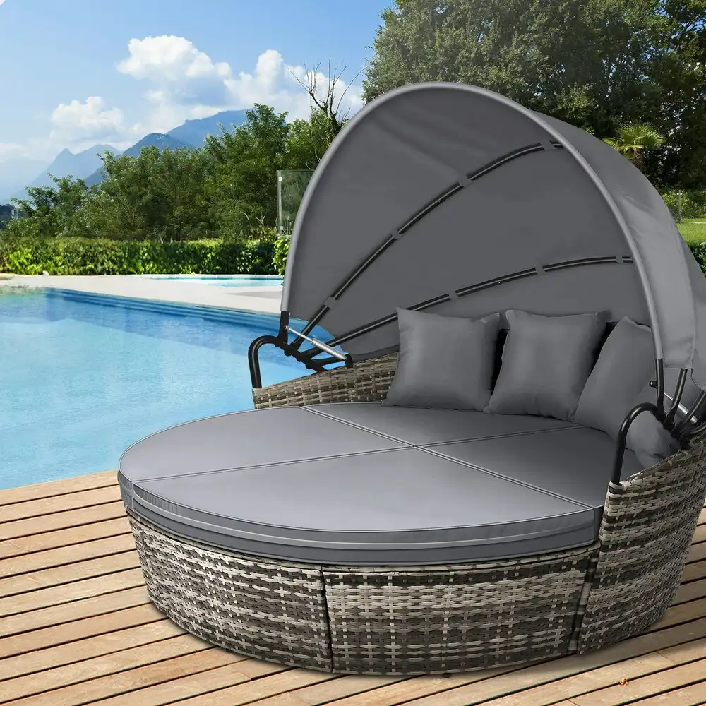 Alfordson Outdoor Sun Lounge Round Day Bed Wicker Furniture Grey