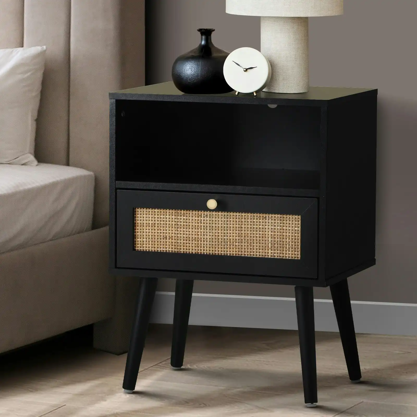 Oikiture Bedside Table Side Table Storage Drawer Shelf Nightstand Rattan Black