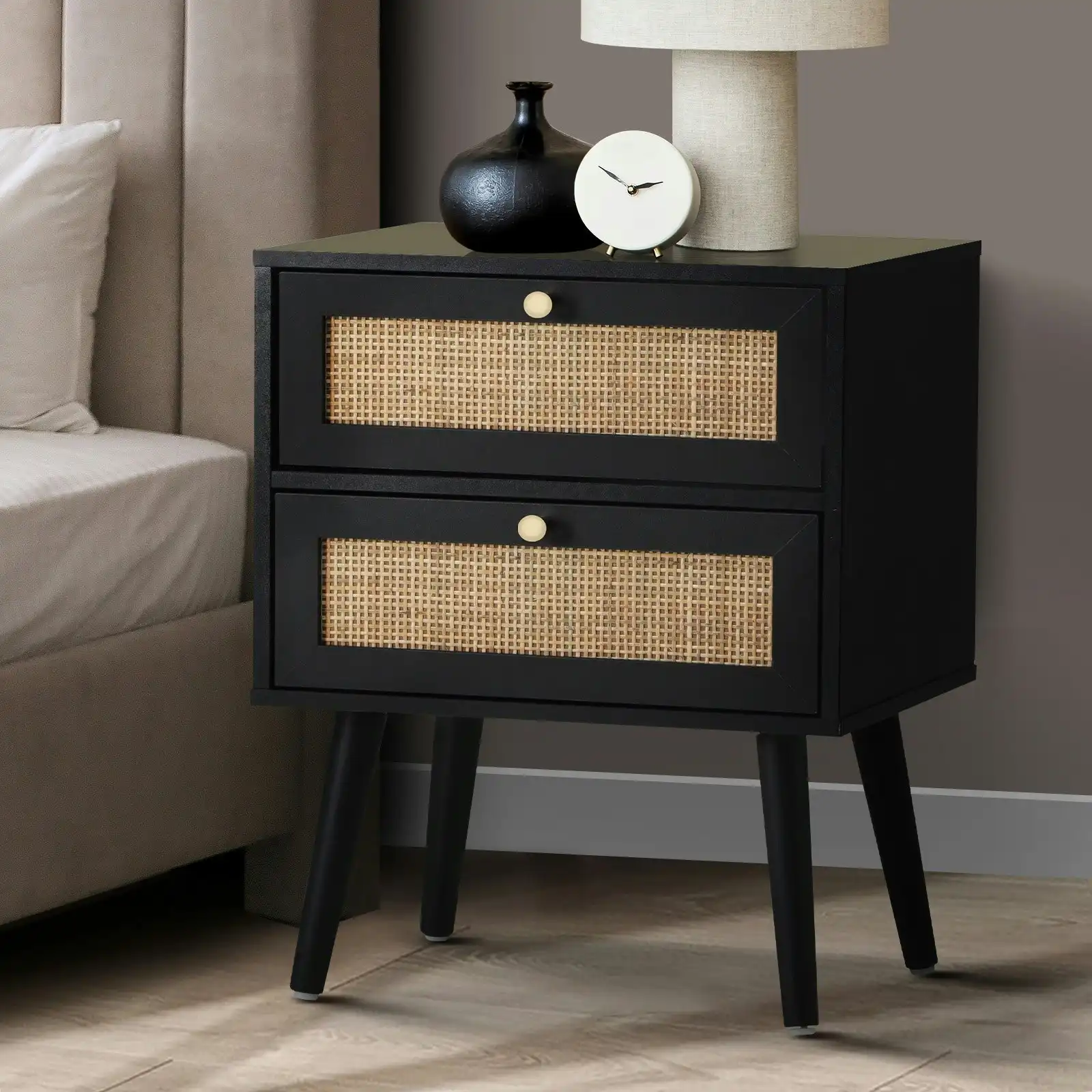 Oikiture Bedside Table Side Table 2 Drawers Storage Cabinet Nightstand Rattan