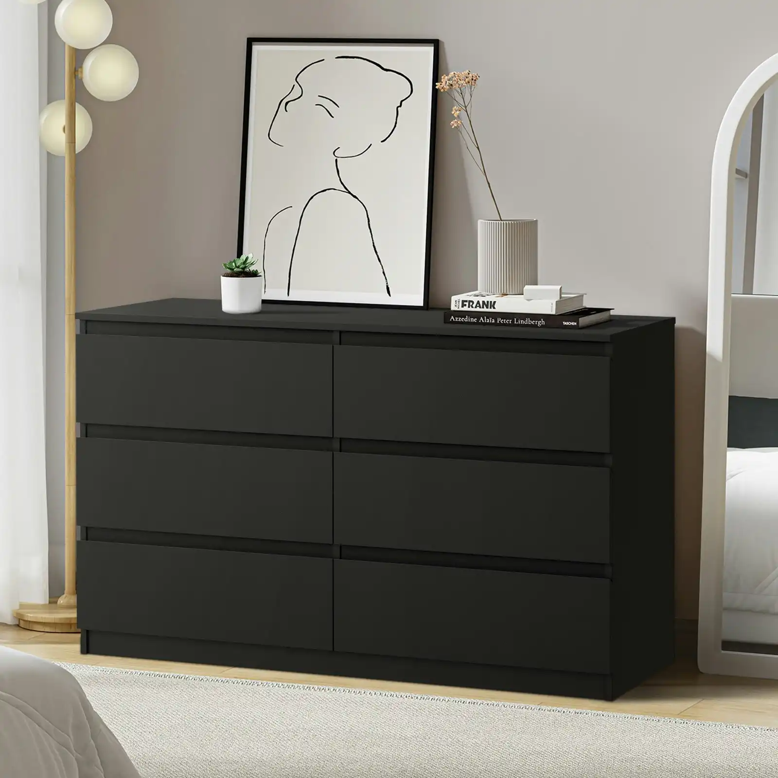 Oikiture 6 Chest of Drawers Lowboy Storage Cabinet Dresser Table Bedroom Black