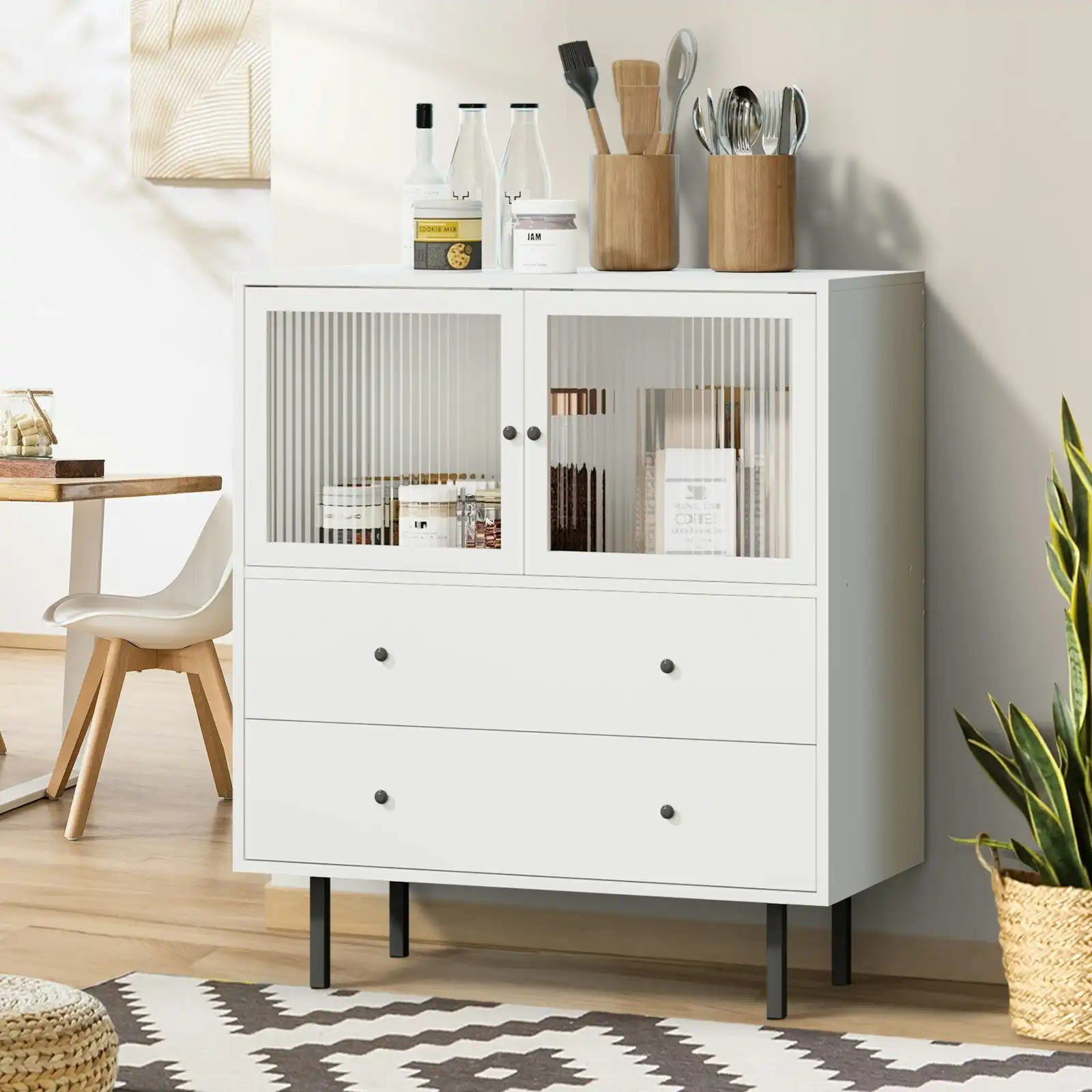 Oikiture Sideboard Buffet Storage Cabinet Tempered Glass Door 2 Drawers White
