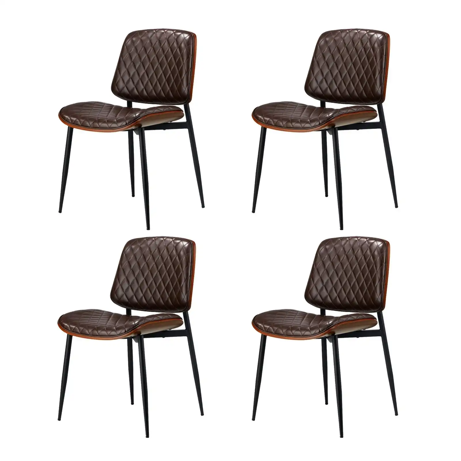 Oikiture 4x Dining Chairs Retro Faux Leather Solid Beech Wood Metal Legs Walnut