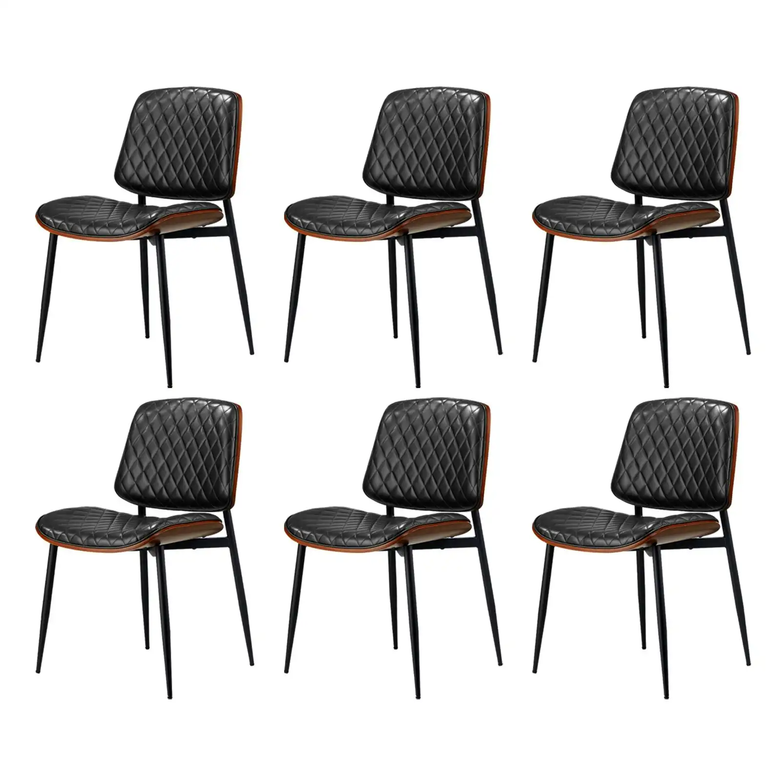 Oikiture 6x Dining Chairs Retro Faux Leather Solid Beech Wood Metal Legs Black