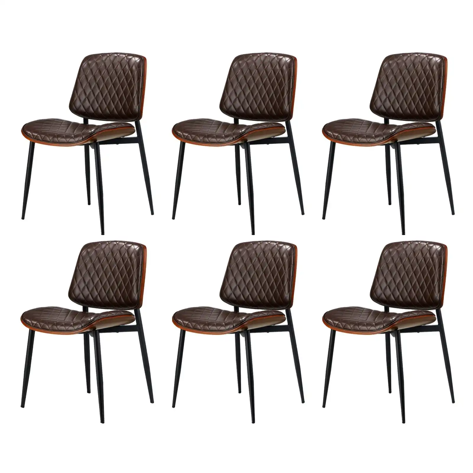 Oikiture 6x Dining Chairs Retro Faux Leather Solid Beech Wood Metal Legs Walnut