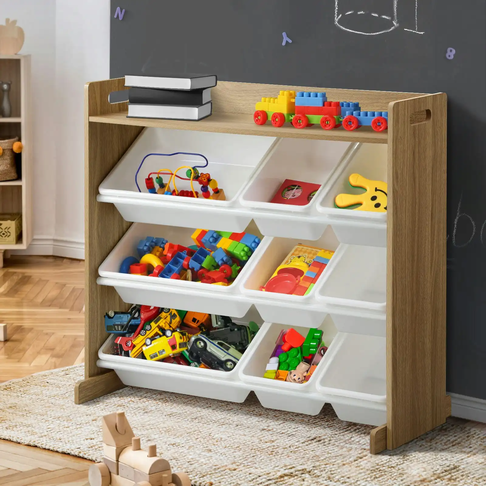 Oikiture Kids Toy Box 9 Bins Bookshelf Organiser Children Storage Rack Shelf