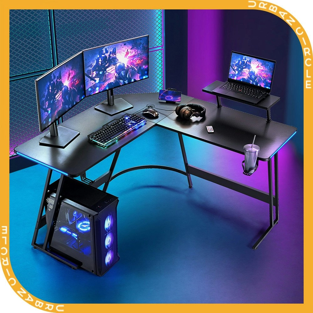 Furb L Shaped Gaming Desk LED Carbon Fiber Corner Computer Table w/Monitor Stand