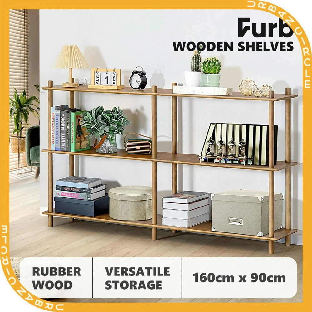 Furb 160CM 3-Tier Rubber Wood Wooden Storage Organizer Stand Shelves Walnut