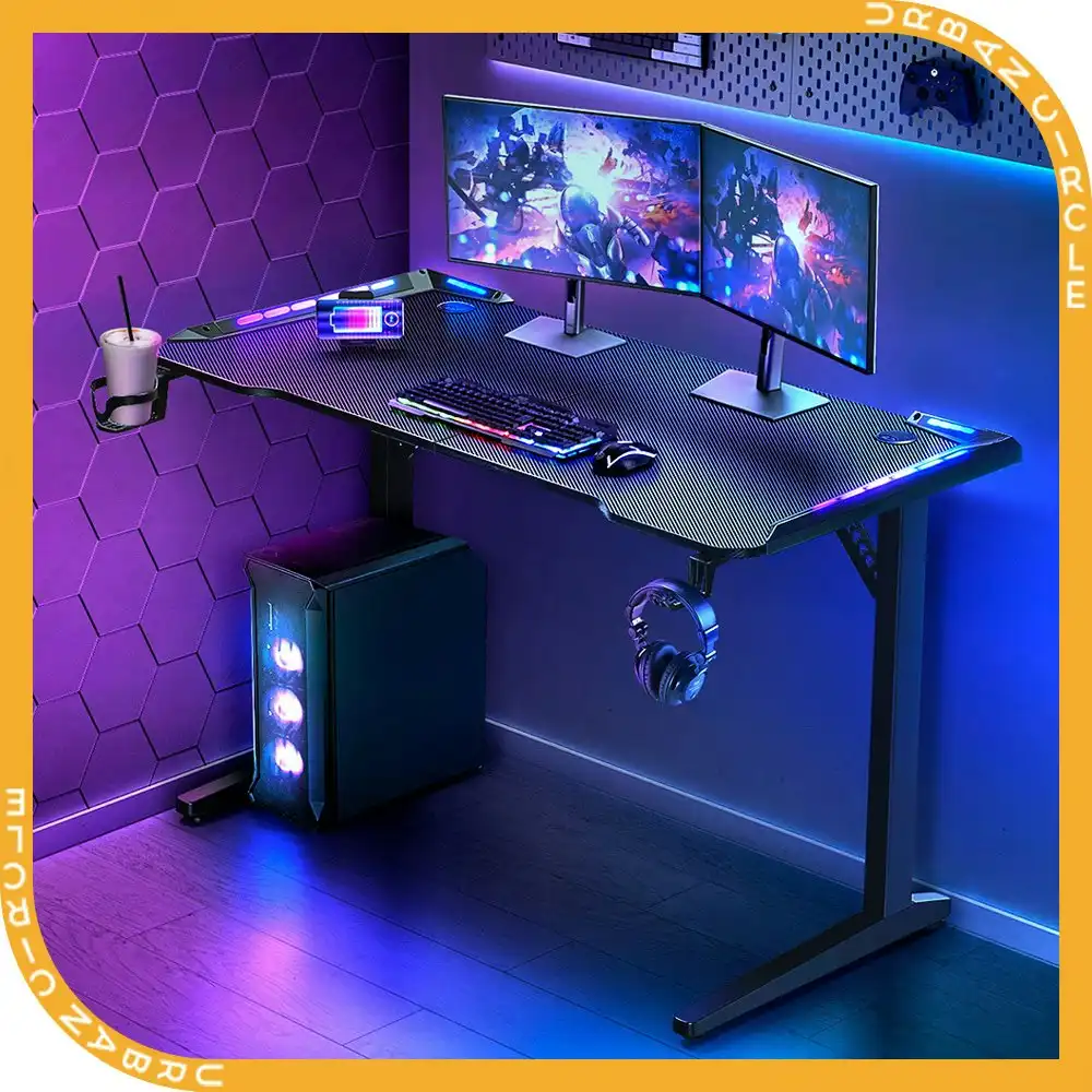 Furb 160CM Ergonomic T LED Gaming Desk Carbon Fiber Computer Table With Holder