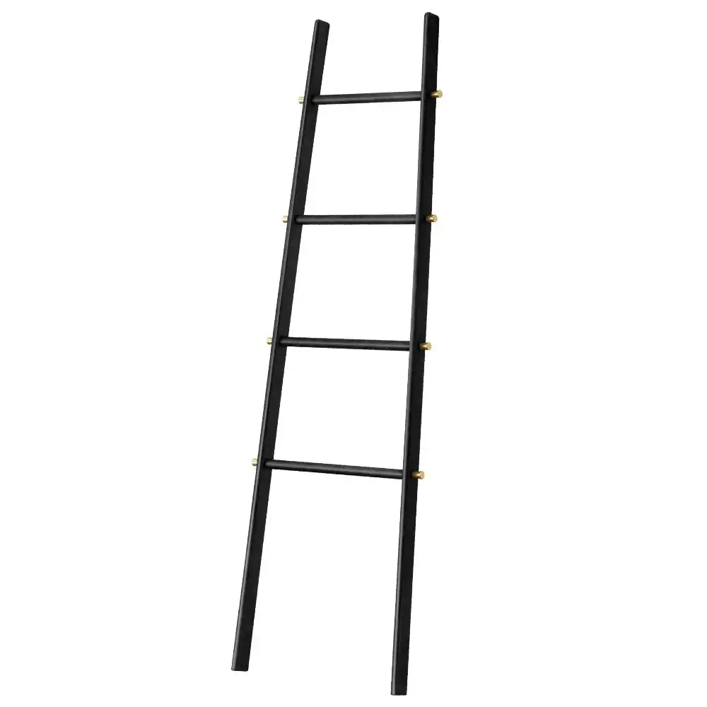 Furb 4-Tier Rubber Wood Freestanding Rack Towel Ladder Blanket Ladder Black