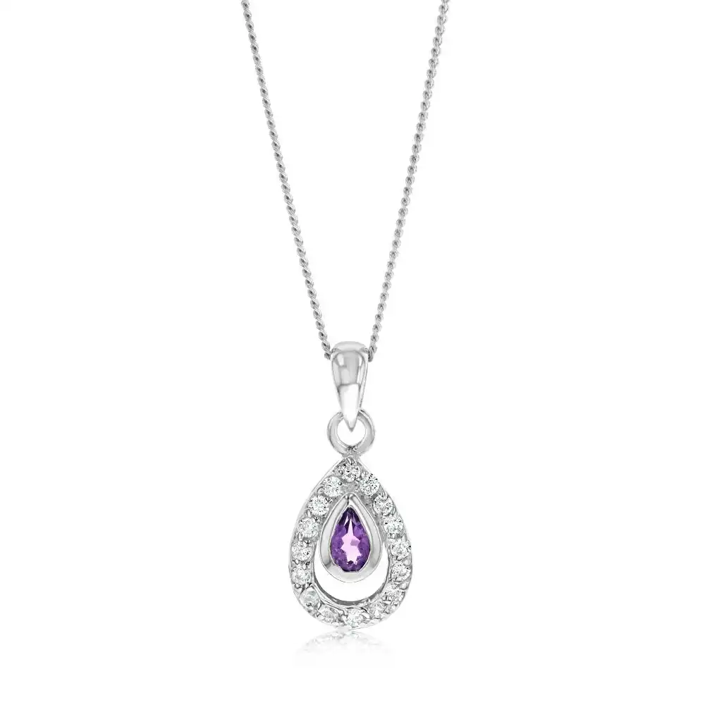 Sterling Silver Amethyst And Cubic Zirconia Pear Shaped Pendant
