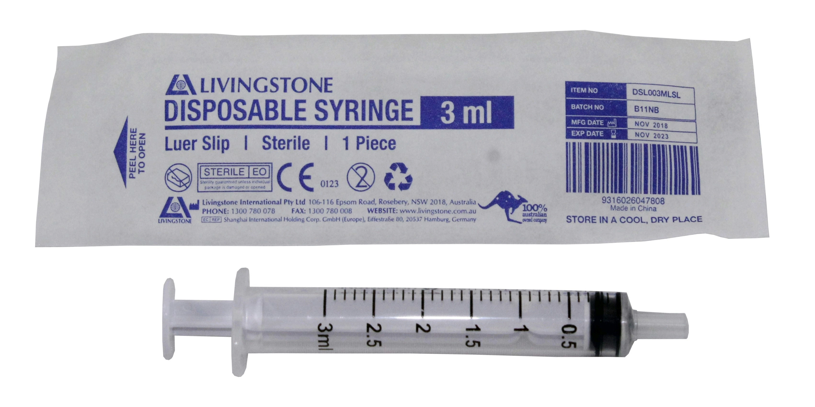 Livingstone Syringe 3ml Luer Slip Tip Sterile 100 Box