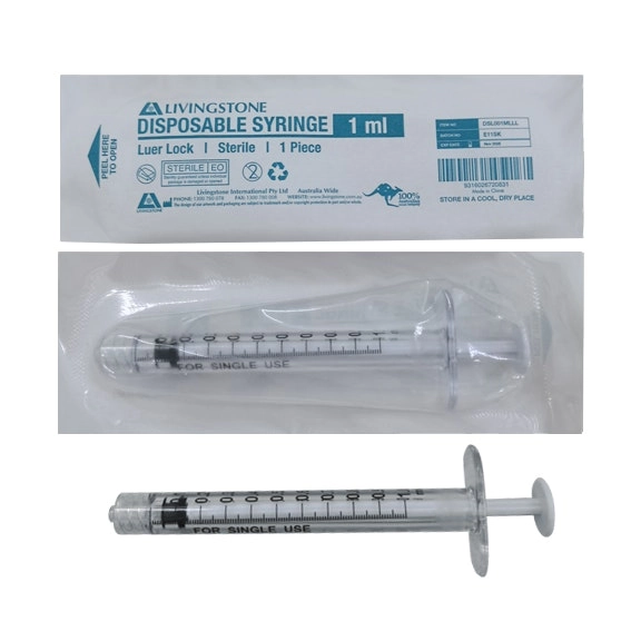 Livingstone Syringe 1ml Luer Lock Tip White Plunger Clear Polypropylene Barrel Sterile 100 Box