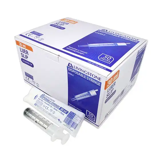 Livingstone Syringe 30ml Luer Slip Tip Eccentric Off Centre Nozzle Hypoallergenic Sterile 50 Box