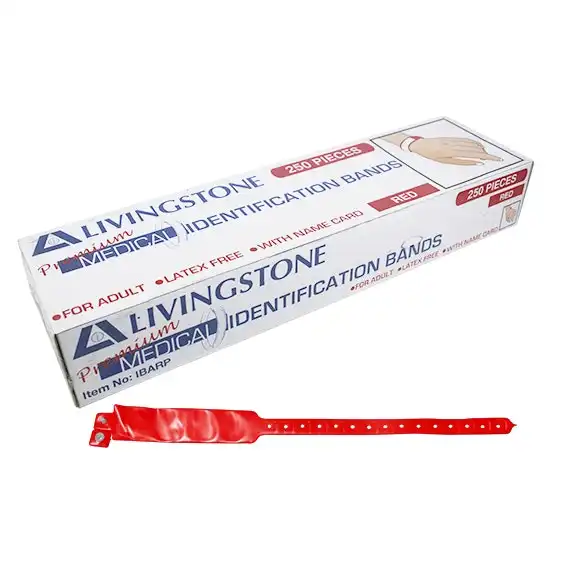 Livingstone Premium Personal Identification ID Bands, Adult, with Name Card, Latex Free, Red, 250/Box x8