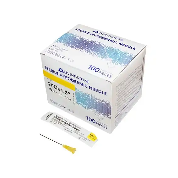 Livingstone Hypodermic Needle, 20 Gauge x 1.5 Inches, 38mm, Sterile, 100 Box