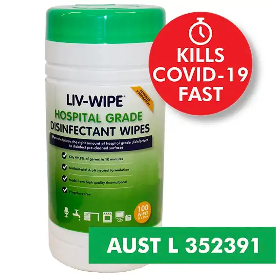 Liv-Wipe Hospital Grade Sanitiser Disinfectant Wipes 20 x 30cm 100 Tub